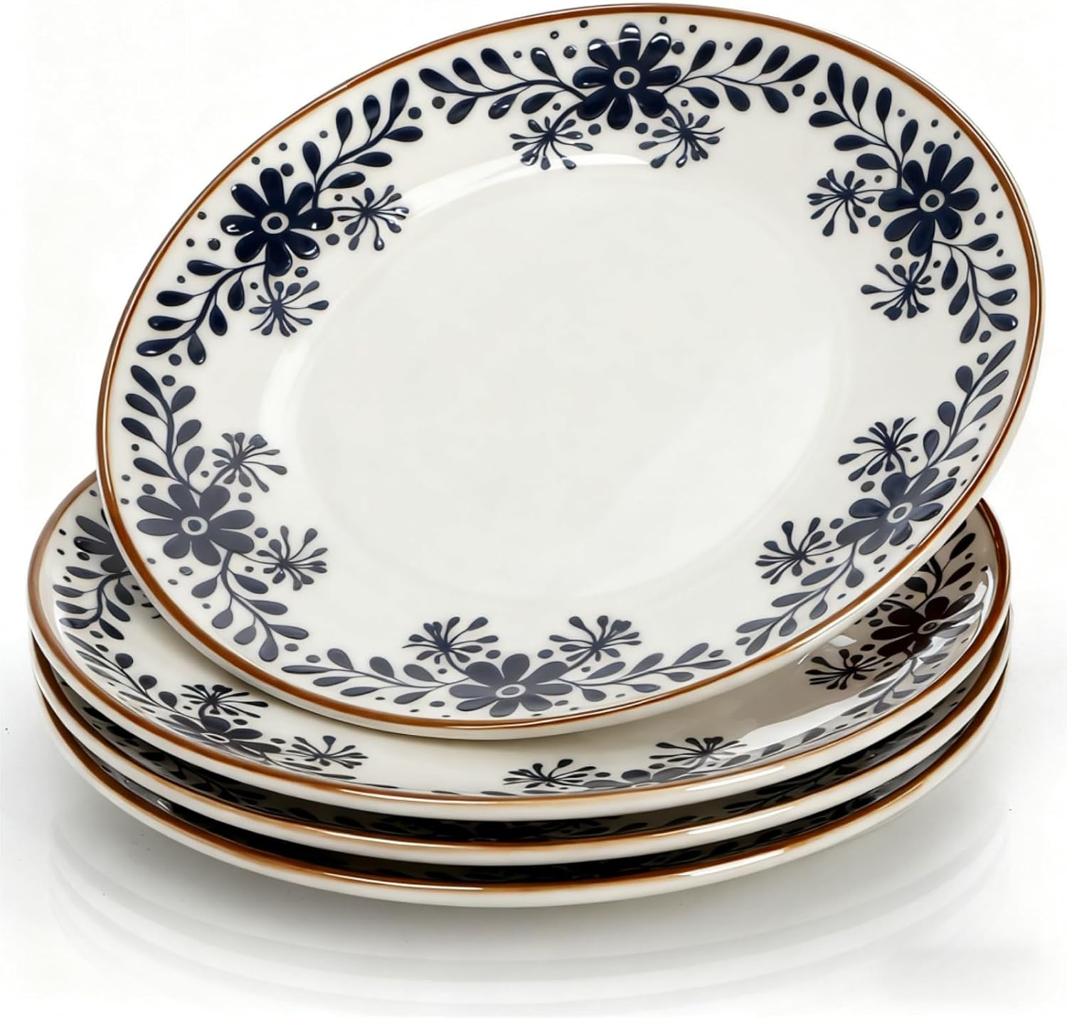 4 Pack Ceramic Dinner Plates, 10" Round Appetizer Plates, Blue Floral Dessert Serving Dishes, Vintage Salad Plate, Scratch Resistant Dinnerware for Kitchen, Microwave Dishwasher Oven Safe